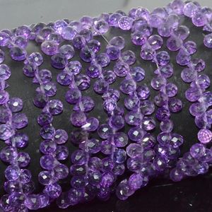 Lose Edelsteine, natürlicher, schöner und sauberer Amethyst, runde, facettierte Wassertropfenperlen, Größe ca. 5 mm x 7 mm, 60 Stück / Strang, dunklere Farbe