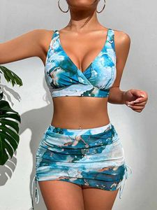 Costumi da bagno da donna Set da tre pezzi 2023 nuovo costume da bagno stile diviso bikini a V profondo da donna sexy tie dye costume da bagno vintage costume da spiaggia estivo J240131