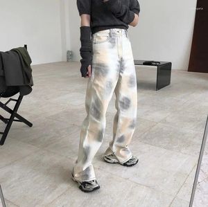 Kvinnors jeans 2024 Autumn Style Korean Retro Gradient Tie-Dye High-midjig rak bredben Casual Loose Slim-Fit Split Byxor