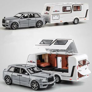 132 liga reboque rv caminhão modelo de carro diecast metal recreativo offroad veículo camper carro modelo som e luz crianças brinquedo presente 240118