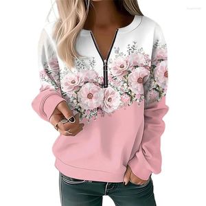 Kvinnors hoodies Crew Neck-blixtlås halvöppen tröja elegant botanisk blommuttryck huvtröja kvinnlig höst långärmad pullover ytterkläder