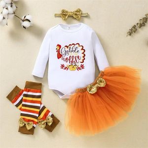 Conjuntos de roupas 2024-08-05 Lioraitiin 0-18m Bebê Meninas Roupas de Ação de Graças Turquia Imprimir Mangas Compridas Romper Tulle Saia Headband Meias Outfit