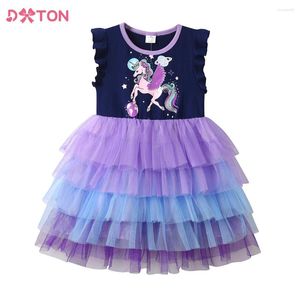 Flickaklänningar Dxton Girls Summer Flare Sleeve Vestidos Children Unicorn Print Cartoon Dress Birthday Party Travel Tutu för 3-12 år