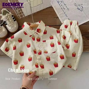 Clothing Sets Summer Kids Shirts Set Boys Cartoon French Fries Print Casual Girls Short-sleeved Elastic Waist Shorts Korea 2pcs