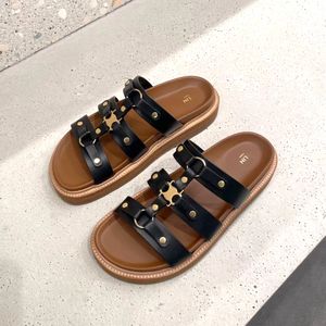 luxury Designer sandal Slippers Summer womans top quality Leather 2024 New slide shoes girl fashion Flat shoe gladiator black brown Mule outdoors beach lady Sliders