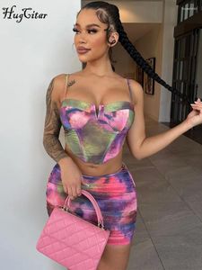 Work Dresses Hugcitar Colorful V Neck Slips Sexy Crop Camis Draped Pleated Skirt 2 Piece Sets 2024 Summer Women Fashion Beach Vacation