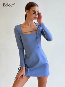 Casual Kleider BCLOUT Mode Blau Frauen 2024 Frühling Lace-Up Langarm A-Line Party Elegante Solide Büro Dame Dünne Mini kleid