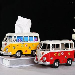 Dekorativa figurer Creative Bus Model Paper Holder Nostalgic Retro smides järnbil miniatyr hemvävnadslådor dekoration prydnad gåva