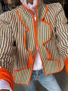 Casacos de trincheira femininos contraste cor listrado curto casaco gola vintage quente engrossar jaqueta 2024 outono inverno casual solto senhora