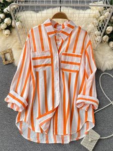 Damskie bluzki wiosna lato moda kobieta 2024 Koszula w paski swobodny luźny płaszcz klapowy z długim rękawem