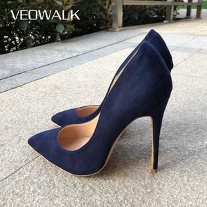 Dress Shoes Veowalk Navy Blue Women Synthetic Suede High Heels Pointed Toe Slip on OL Ladies Stiletto Pumps 8 10 12cm Fashion Wedding Shoes