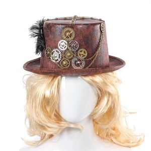 Steampunk retro czapki karnawał cosplay łańcuch melonika łańcucha pióra wystrój imprezy czapki halloween brązowe okrągłe czapki dla mężczyzn kobiety t200246y