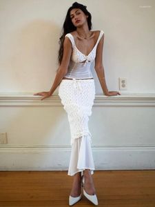 Vestidos de trabalho Fantoye Sexy Ver através de Lace Mulheres Saia Terno Branco Spaghetti Strap Crop Top Long Autumn Slim Casual Two Piece Sets 2024