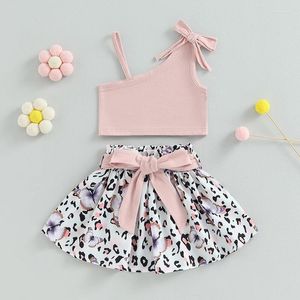 Kleidungssets Zweiteilige Sommer-Outfits für Kleinkinder, rosa, ärmellose One-Shoulder-Tanktops und Rock-Set mit Leoparden-Schmetterlings-Print