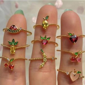 Cluster Rings Ins Originality Small Zircon Fruits Ring For Women Female Peach Orange Pineapple Lemon Strawberry Cherry Sweet Jewelry