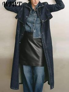 Kvinnors dike rockar casual bälte denim långa kappa kvinnor 2024 hösten full ärmstativ krage fickor vinterjackor elegant lös streetwear