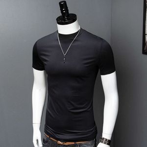 Summer Men's Half High Collar Double Silk Cotton Short Sleeved T-shirt, Pure Cotton Small Middle Collar Slim Fit Trend, Solid Color Base Shirt, Half Sleeve