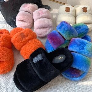 Winter Plush Teddy Bear Fuzzy Flop Flip Flat Heel Woman Slide Furry Designer Shoe Tazz Slipper Rubber Slip-On Fluffy Sandal Indoor Home Casual Shoes