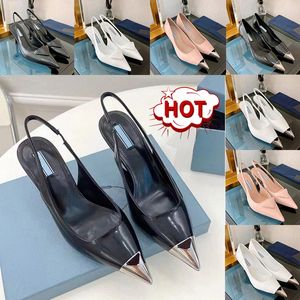 Sivri slingback ayak parmakları pompalar slingback elbise ayakkabıları logo plakası siyah deri kadın düğün lüks moda tasarımcısı p66g#