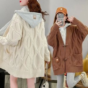 FAKE Tvådelar Twist Hooded Sweater Coat Women Autumn and Winter Y2K Plus Size Loose Long Kardit Cardigan in Lazy Wind 240131