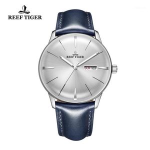 Armbandsur 2021 Reef Tiger RT Dress Watches For Men Blue Leather Band Convex Lens White Dial Automatic RGA82381194B