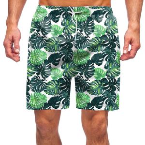 Shorts masculinos boho vintage folhas placa de impressão para homens clássico cordão elástico cintura troncos de natação praia férias lazer swimwear