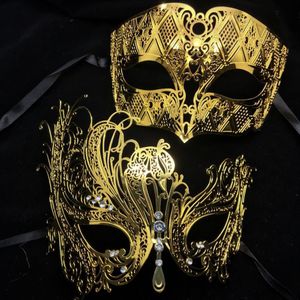 Siyah Gümüş Altın Metal Dili Lazer Kesim Çift Venedik Parti Maskesi Düğün Top Maskesi Cadılar Bayramı Masquerade Kostüm Masker Seti T2251S