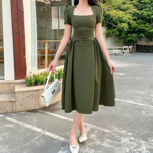 Kvinnors långa klänningar Top Pure Color Casual Temperament Elegant Extended Vintage Tea Break Short Sleeve Long Dresses 240119