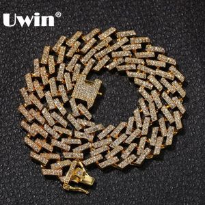 Uwin Drop Moda Buzlu Prong Küba Bağlantı Zincirleri Kolyeler 15mm Sakil Renkli Mavi Siyah Rhinestones Hiphop Takı Erkek T2221A