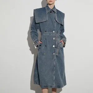 Trench da donna Giubbotto con lacci e colletto con revers Cappotto di jeans versatile e alla moda di media lunghezza