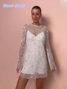 Casual Dresses White See Through Spaghetti Strap Mini Dress Sexig O Neck Long Sleeve Loose Short Robe 2024 Elegant Night Party Club Vestidos