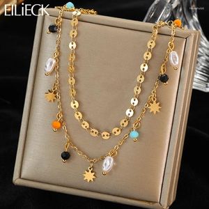 Chains EILIECK 316L Stainless Steel Pearls Eight Awn Star Chain Necklace For Women Vintage Girls Neck Jewelry Chokers Gifts Accessories