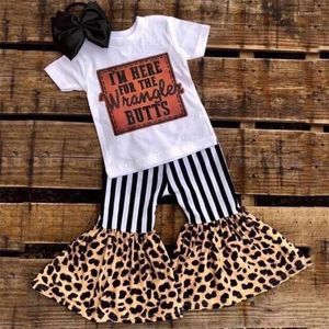 Kleidungssets Förderung Kleinkind Baby Mädchen Kinder Sommer Kleidung Outfits Kinder Brief T-shirt Rüschen Gestreiften Leoparden Glocken Unten Hosen