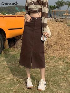 Kjolar midi denim slits för kvinnor höstkläder retro hög midja elegant vintage tvättar koreansk modestil hajuku faldas