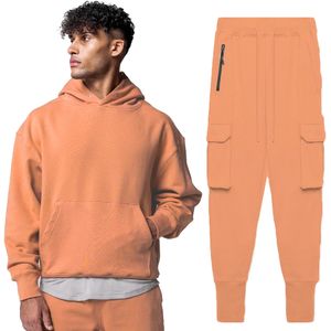 Ll masculino yoga com capuz + moletom outfit esportes conjunto de duas peças camisola de cor sólida calças esportivas com bolsos outwear 320