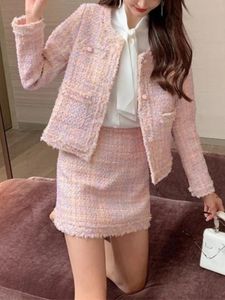 Rosa tweed conjuntos de duas peças das mulheres outifits elegante doce manga longa o pescoço casacos cintura alta mini saias outono inverno 240124