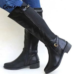 Botas comemore mulheres fivela longo cavaleiro botas femininas botas de combate feminino sapatos de salto baixo plus size zip couro joelho botas altas