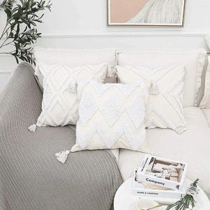 ボヘミアンの装飾の枕クリーミーな白い枕カバー45 45cm幾何学的パターン織りめいろ柔らかいシニルタッセルソファs