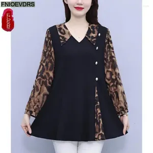 Camicette da donna L-5XL Abiti larghi 2024 Donna Autunno Elegante Bottone Camicie di base Retro Patchwork Nero Tunica floreale Peplo Leopard Top