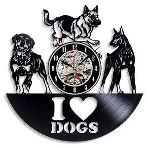 Winylowy Zegar ścienny Nowoczesny design I Love Dog Animal Vinyl Wall Clock Wiszący zegarek Watch Decor Decor Prezenty dla miłośników psów 12 cali 190e
