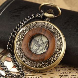 Pacote de caixa de madeira sólida relógio de bolso mecânico fob corrente medalhão dial oco steampunk esqueleto masculino feminino relógios masculinos 240122