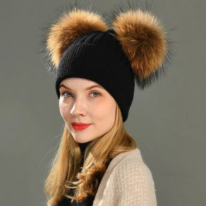 Dubbel päls pom kvinnor vinter hatt kvinnlig ull avtagbar päls stickad mössa med 2 naturliga färgbjörnar päls pompon 240127