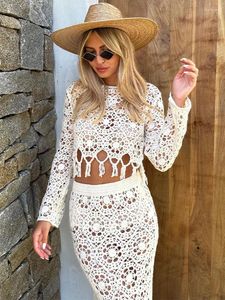 Work Dresses Sweet Hollow Out Women's Knit Tassel Skirt Suit Slim O Neck Long Sleeved Top High Waist Skirts Set 2024 Autumn Lady Chic Outfit