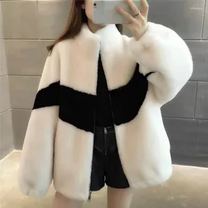 Women's Jackets Spring Autumn Thickened Plush Coat Female Imitation Lamb Wool One Piece Black White Splicing Color Contrast Hoodie