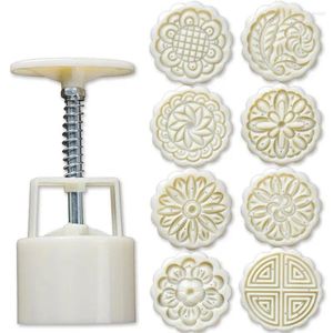 Ferramentas de cozimento 8 pçs mão imprensa biscoito selo lua bolo decoração molde barril mooncake molde 75g pastelaria diy ferramenta mid-autumn festival