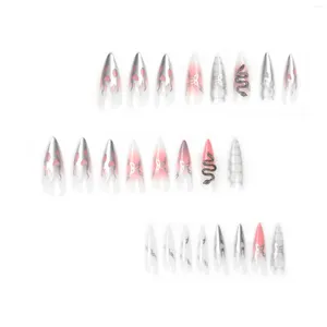 False Nails 24pcs Glossy Pink White Fake Nail 3D Snake Decor Removable Long Artificial For Salon Expert And Naive Women