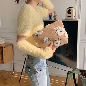 Cosmetic Bags 3D Flower Warm Bag Winter Fur Makeup Women Quality Soft Case For Travel Big Capacity Cute Washing Pouch With Zipper