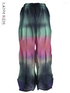 Spodnie damskie Lanmrem Gradient Gradient plisowane szeroką nogę kobiety elastyczne kolorowe kolory kontrastowe w talii 2024 Autumn 2AA2577