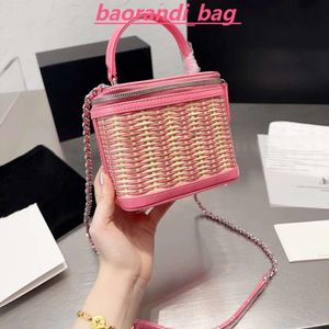 Rattan Woven Vintage Women Mini Cosmetic Bag Patchwork Leather Designer Chain Crossbody Trunk Tote Handbag Fanny Pack Evening Clutch 15CM