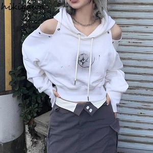 Women's Hoodies 2024 Ropa Mujer Korean For Women Long Sleeve Off Shoulder Crop Tops Hooded Casual Hollow Out Sweatshirt Y2k Clothing